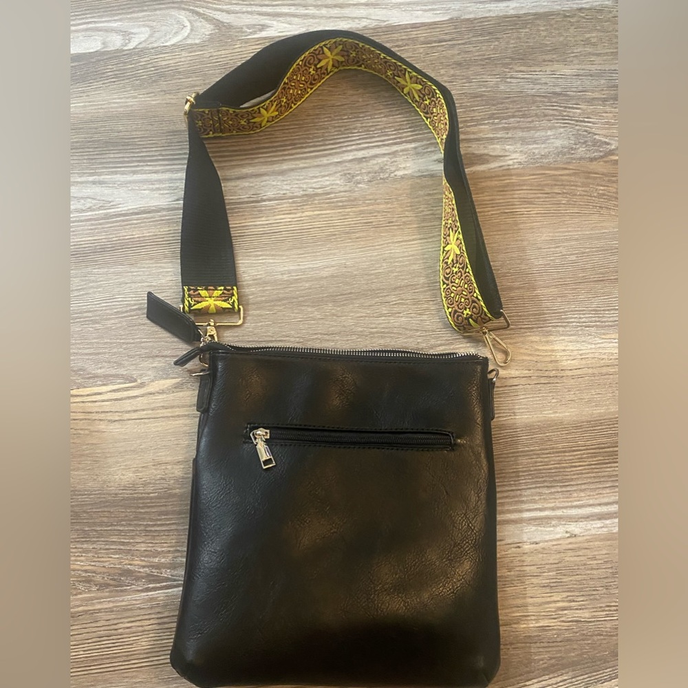 Black purse, cross body, never used, embroidered strap